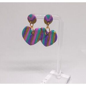 Striped Heart Earrings, Boho Polymer Clay Dangle Pink Artisan Statement Drop